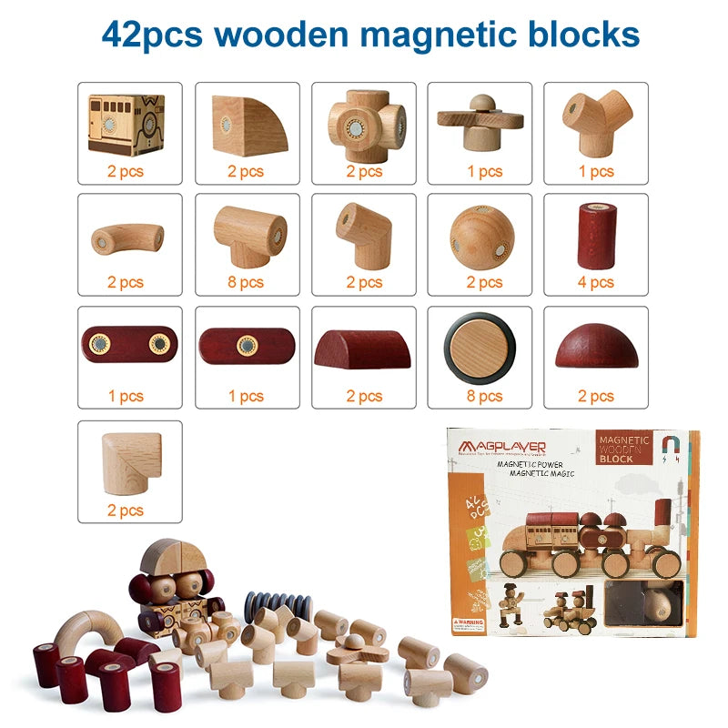 Romboss 42PCS Brain Game Magnetic Blocks Preschool Magnet Set Toys Magnetic Wooded Blocks Educational Toys for Kids Xmas Gifts