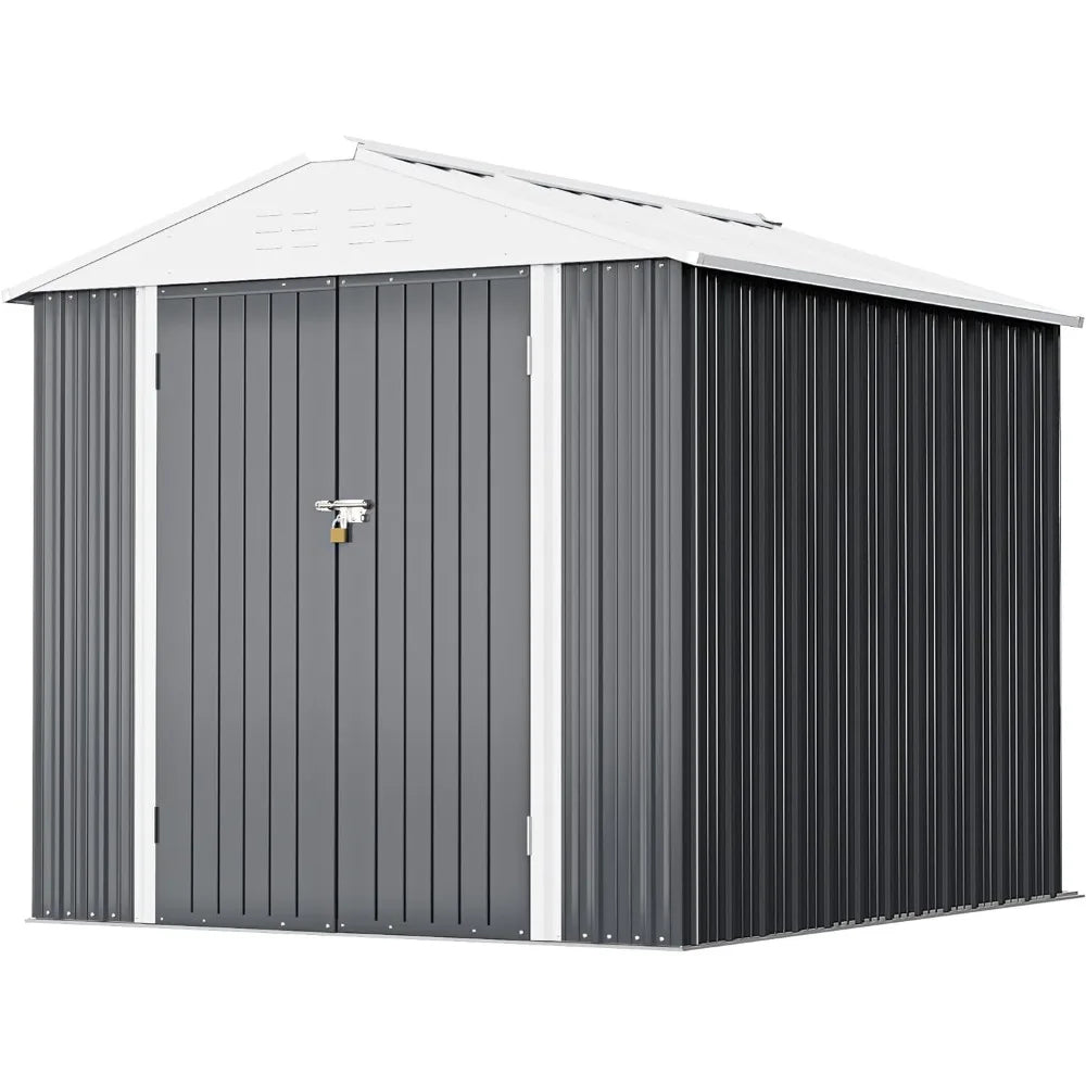 Metal Outdoor Storage Shed 8FT x 6FT, Steel Utility Tool Shed Storage House with Door & Lock, Metal Sheds for Backyard Garden