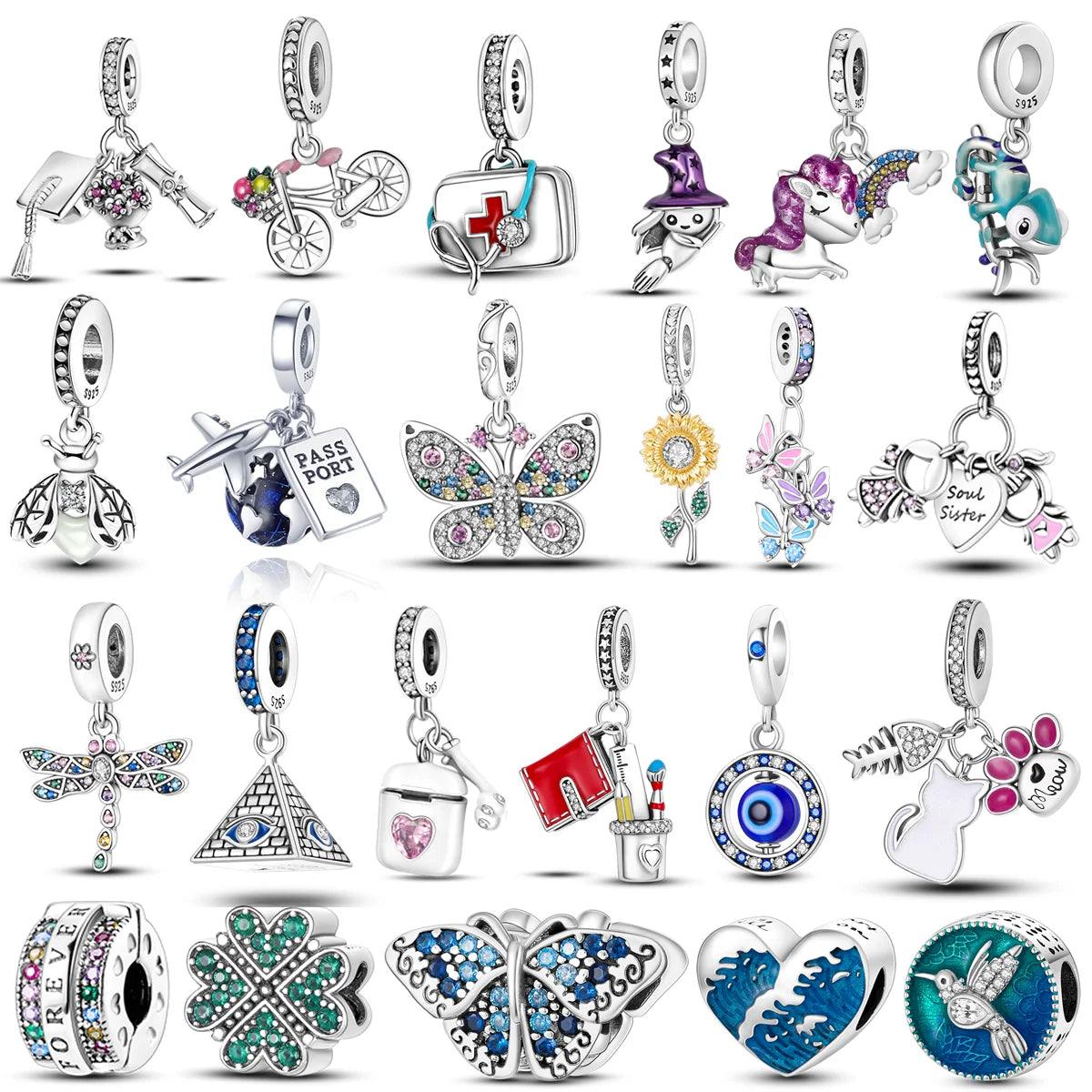 Fit Original Pandora Bracelet Inlaid Zircon Beads Charms 925 Sterling Silver Heart-shape Colorful Dangle Pendants Bangle Jewelry